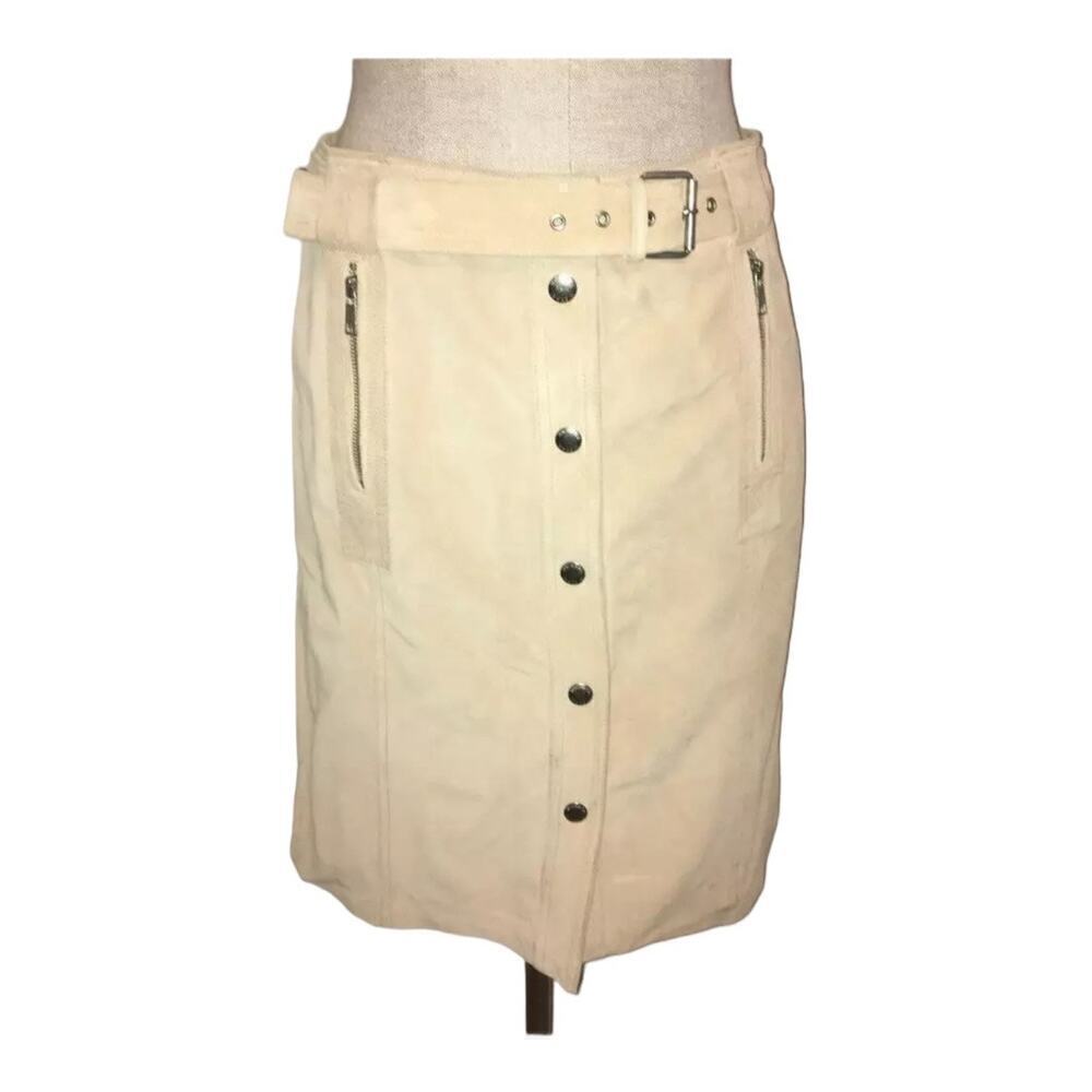 Michael Kors Genuine Tan Suede Leather Skirt Snaps & Zip /Belted‎ Size 8 EUC